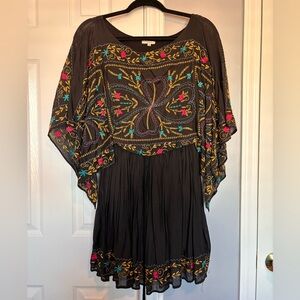 Easel Embroidered Black Mini Dress w/ Tie Waist and Butterfly Sleeves Size Small